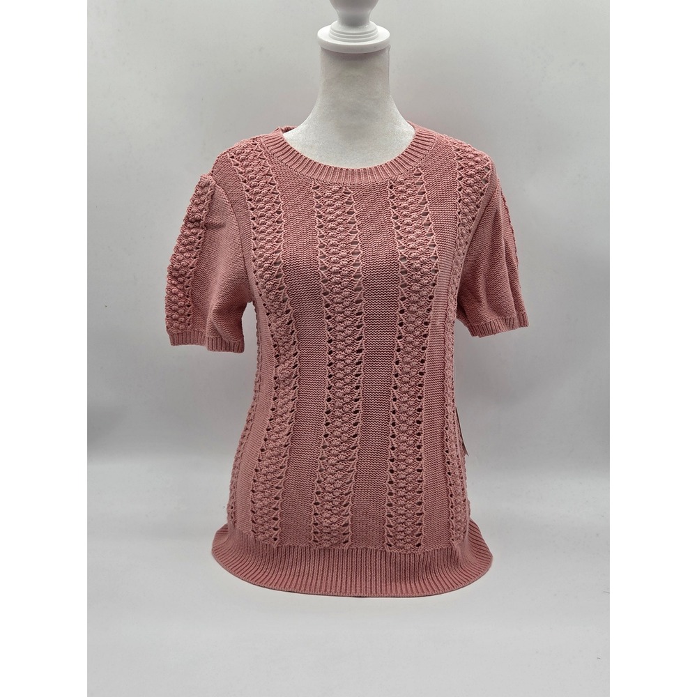 Lucky Brand Women's M Pink 100% Cotton Open Knit Short Sleeve Sweater 101-534